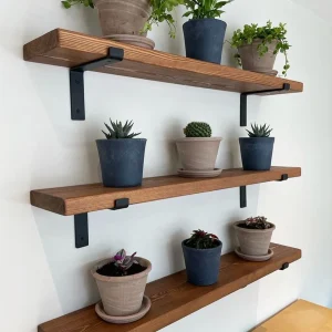 Solid Wood Rustic Shelving With Steel Scaffold Brackets 20cm Depth Various Colours and Sizes