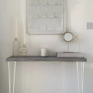 Narrow console table with hairpin legs, wooden rustic hallway table, radiator shelf, Grey Furniture l Various top & leg colours