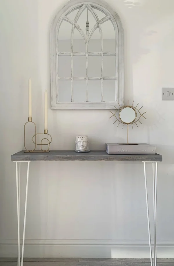 Narrow console table with hairpin legs, wooden rustic hallway table, radiator shelf, Grey Furniture l Various top & leg colours