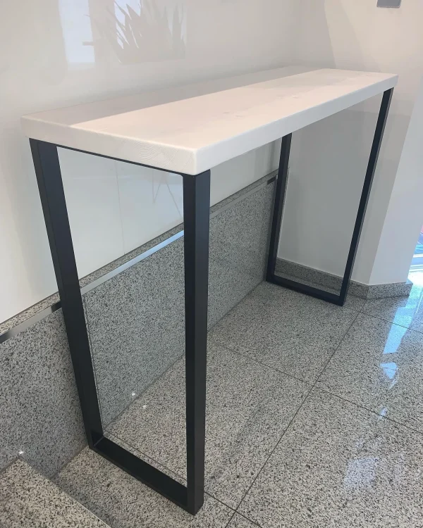 White Wash Solid Wood Breakfast Bar, Kitchen Table With Handmade Black Steel box Legs l 60cm - 180cm I Multiple colour options available