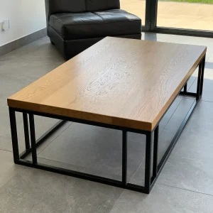 Solid Oak Coffee Table With Handmade Industrial Black Steel Column Box Section Base
