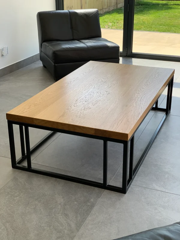 Solid Oak Coffee Table With Handmade Industrial Black Steel Column Box Section Base
