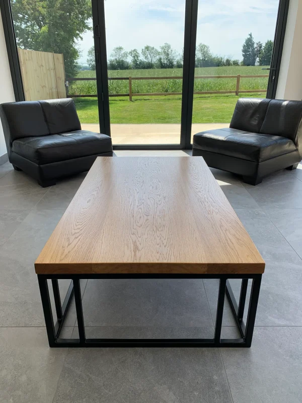 Solid Oak Coffee Table With Handmade Industrial Black Steel Column Box Section Base - Image 3