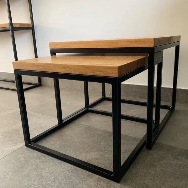 Solid Oak nest of tables with handmade industrial black steel box section base | Side Table | Coffee Table - Image 2