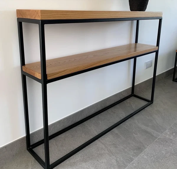 Solid Oak Dual Shelf Console Table Handmade Black Steel Frame Side Table - Image 5
