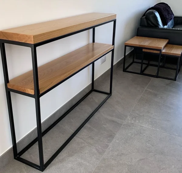 Solid Oak Dual Shelf Console Table Handmade Black Steel Frame Side Table - Image 9