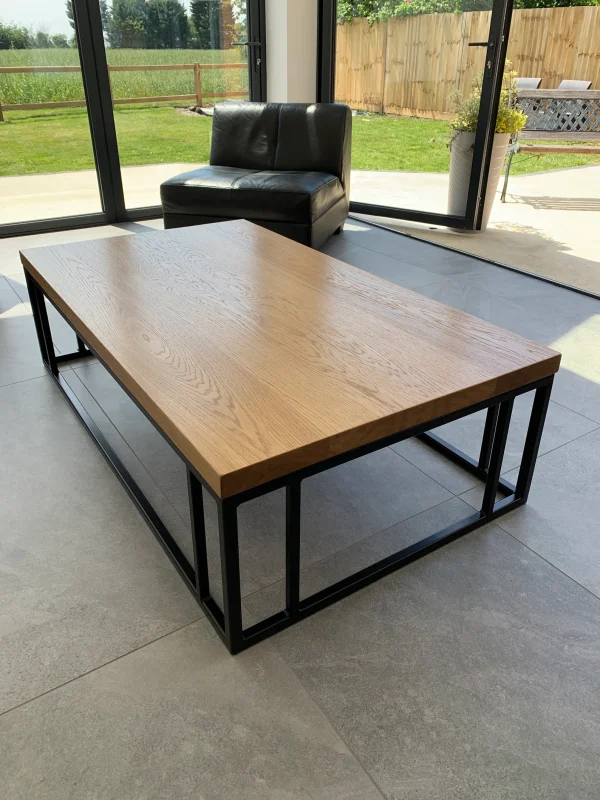 Solid Oak Coffee Table With Handmade Industrial Black Steel Column Box Section Base - Image 4
