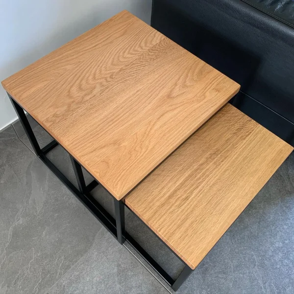 Solid Oak nest of tables with handmade industrial black steel box section base | Side Table | Coffee Table - Image 4