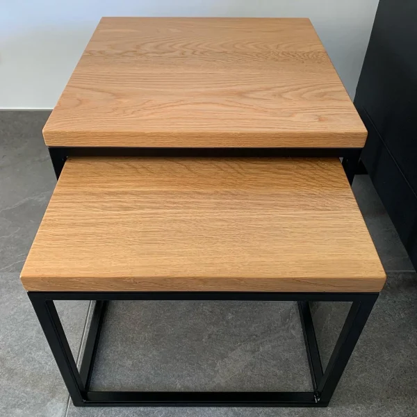 Solid Oak nest of tables with handmade industrial black steel box section base | Side Table | Coffee Table - Image 3