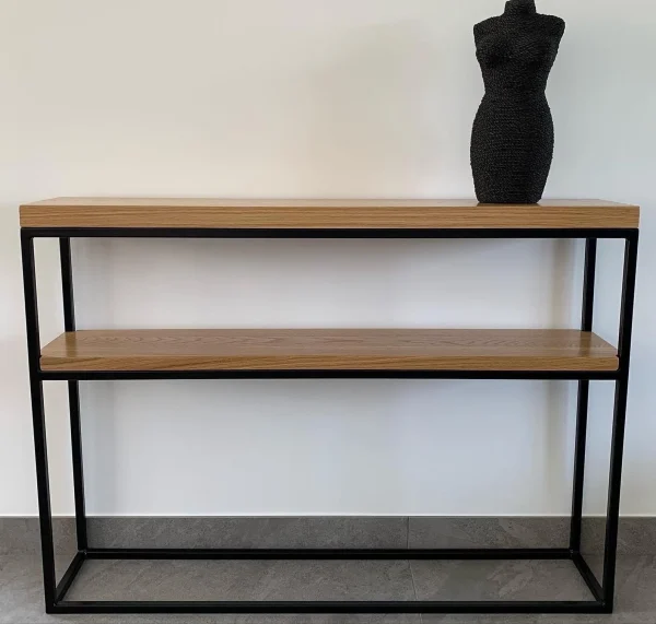 Solid Oak Dual Shelf Console Table Handmade Black Steel Frame Side Table - Image 6
