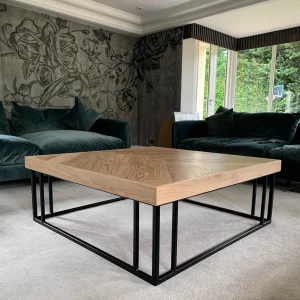 Solid Oak Herringbone Coffee Table with handmade industrial steel column box section base | FREE DELIVERY