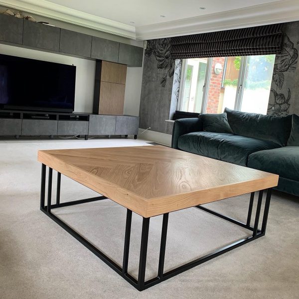 Solid Oak Herringbone Coffee Table with handmade industrial steel column box section base | FREE DELIVERY - Image 4