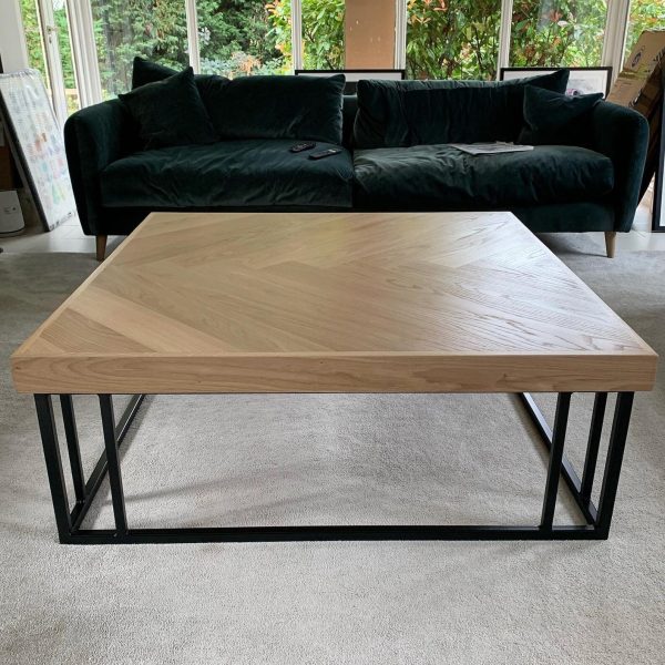 Solid Oak Herringbone Coffee Table with handmade industrial steel column box section base | FREE DELIVERY - Image 6