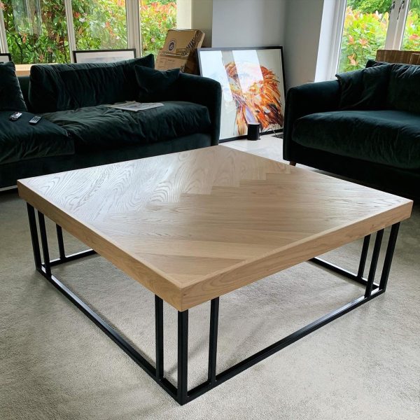 Solid Oak Herringbone Coffee Table with handmade industrial steel column box section base | FREE DELIVERY - Image 7