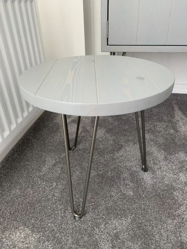 Round Side Table Handmade From Solid Wood With Industrial Steel Hairpin Legs Various colours available