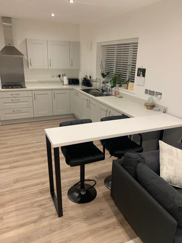 White Wash Solid Wood Breakfast Bar, Kitchen Table With Handmade Black Steel box Legs l 60cm - 180cm I Multiple colour options available - Image 4