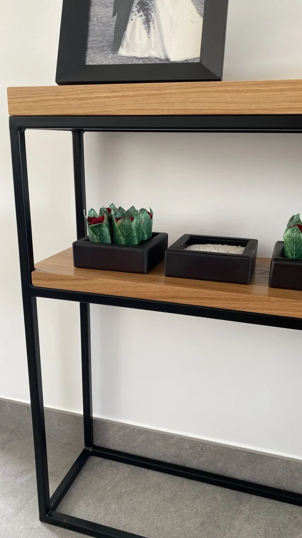 Solid Oak Dual Shelf Console Table Handmade Black Steel Frame Side Table - Image 4