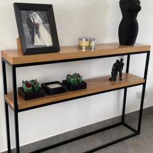 Solid Oak Dual Shelf Console Table Handmade Black Steel Frame Side Table