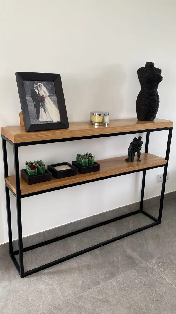 Solid Oak Dual Shelf Console Table Handmade Black Steel Frame Side Table