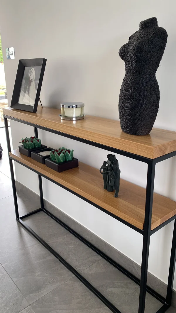 Solid Oak Dual Shelf Console Table Handmade Black Steel Frame Side Table - Image 2