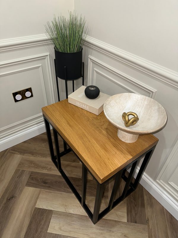 Solid Oak Column Side Table/Coffee Table With Handmade Industrial Black Steel Column Box Section Base - Image 7