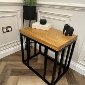 Solid Oak Column Side Table/Coffee Table With Handmade Industrial Black Steel Column Box Section Base