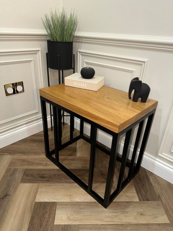 Solid Oak Column Side Table/Coffee Table With Handmade Industrial Black Steel Column Box Section Base
