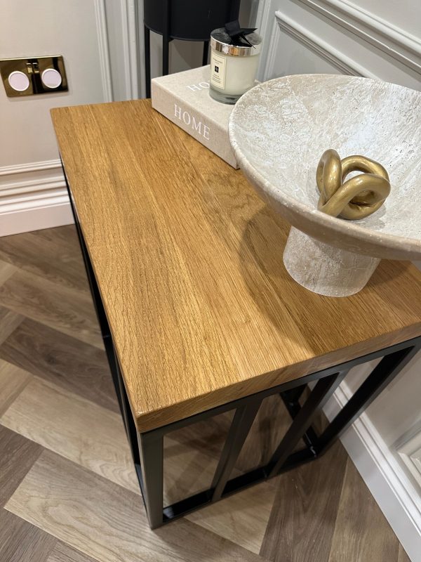 Solid Oak Column Side Table/Coffee Table With Handmade Industrial Black Steel Column Box Section Base - Image 5