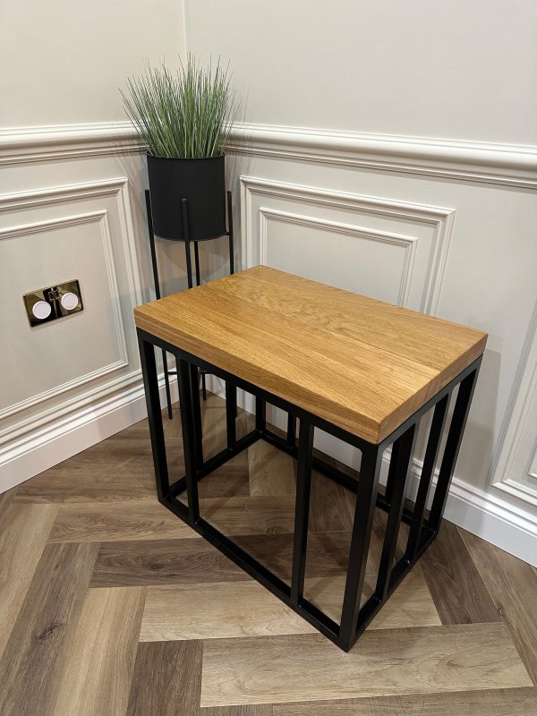 Solid Oak Column Side Table/Coffee Table With Handmade Industrial Black Steel Column Box Section Base - Image 2